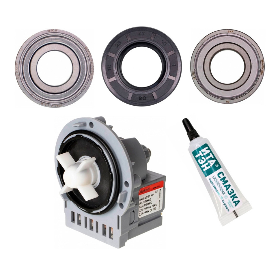 Ремкомплект для стиральных машин Ariston, Indesit сливной насос + сальник + подшипники 2 шт + смазка, 11100011 Ремкомплект для стиральных машин Ariston, Indesit сливной насос + сальник + подшипники 2 шт + смазка, 11100011