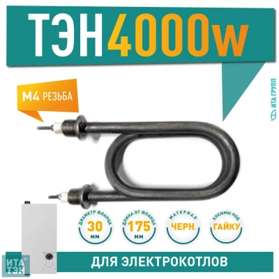 ТЭН для нагрева воды 4кВт L175мм 80А 13/4,0р 220R30 ф7 ш1/2, черный металл, 01.407